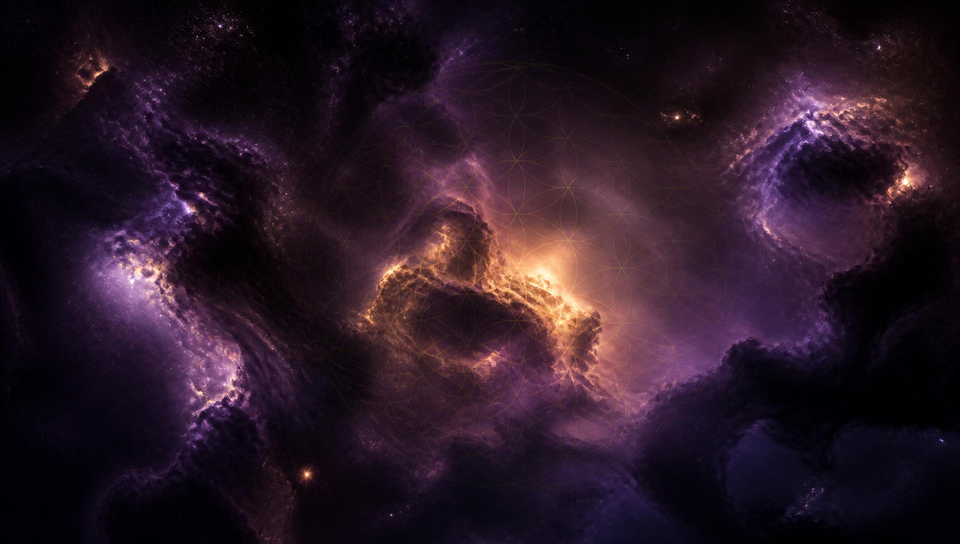 Deep violet and gold nebula holding a faint flower of life